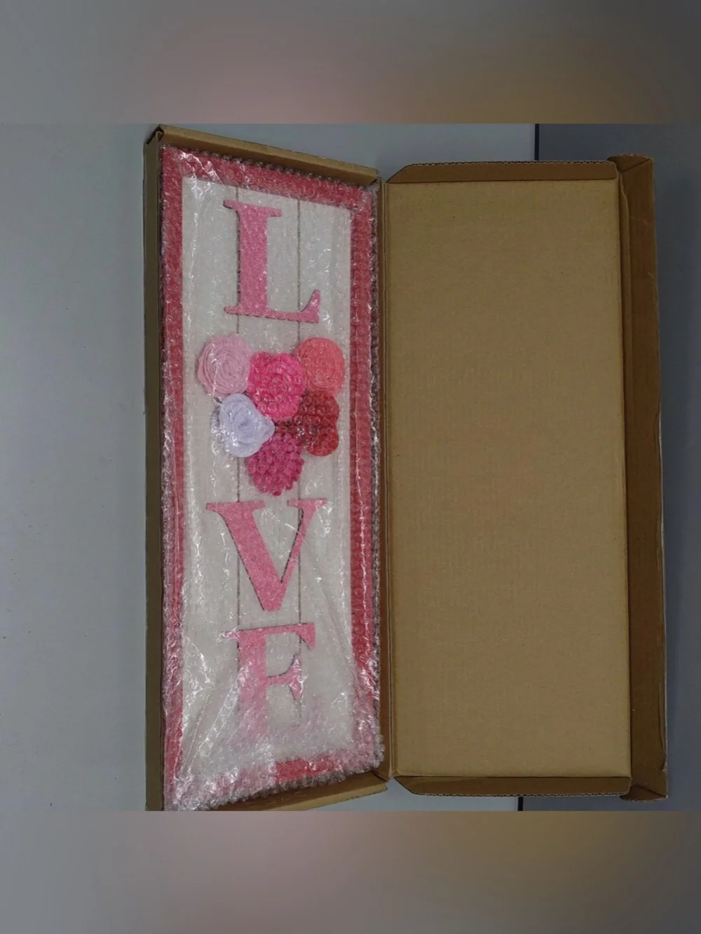 Valentine’s Day wooden “LOVE” hanging wall sign with Cloth Floral Detail